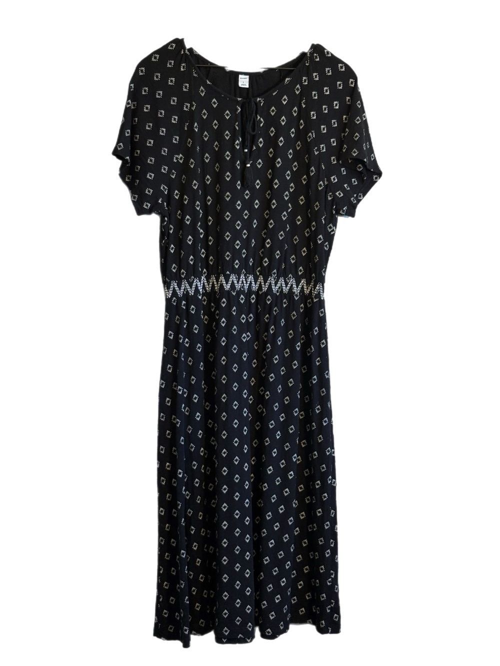 Old Navy Short Sleeve Midi Dress Black White Diamond Print L Peasant Boho